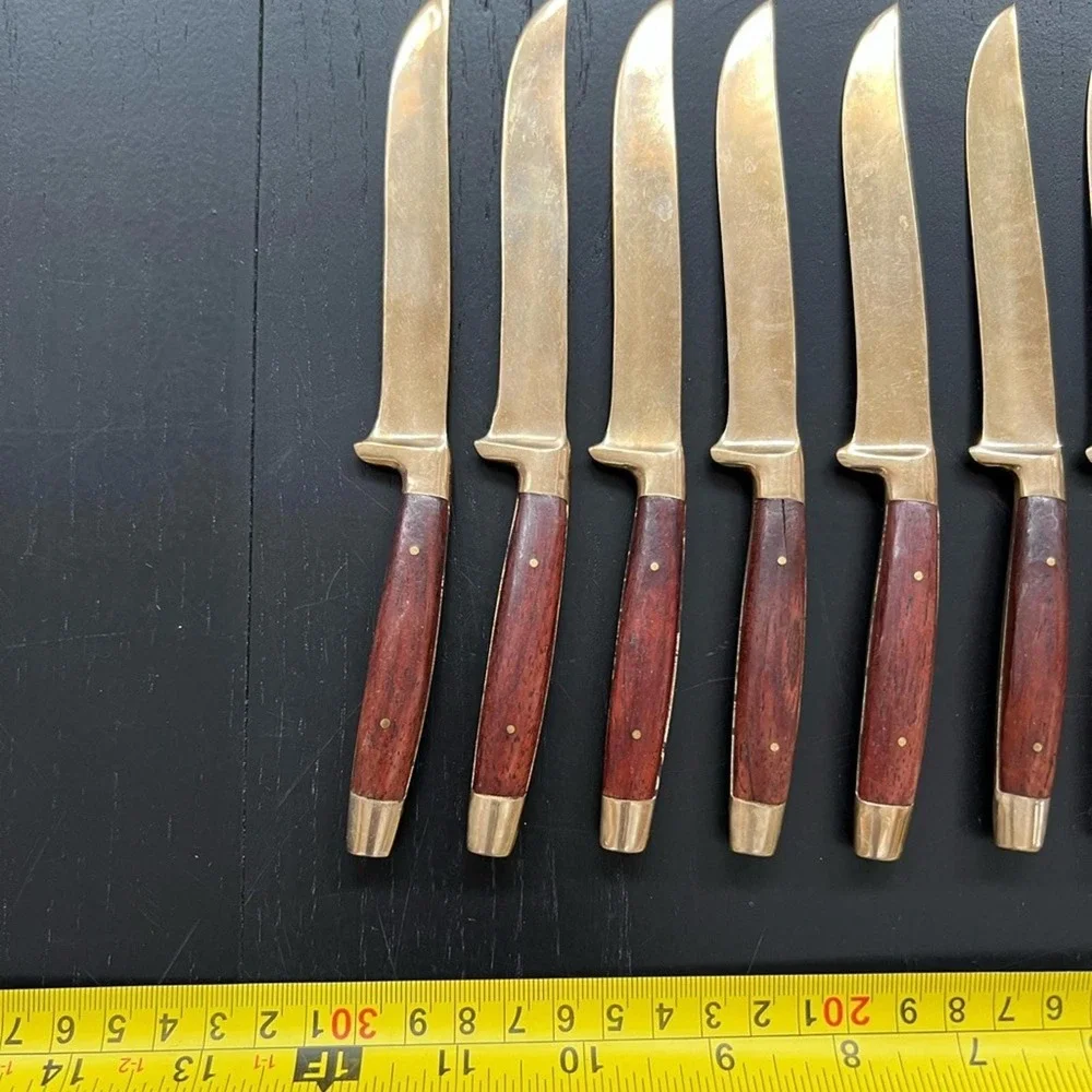 Vintage Brass Flatware Set of Knives Brass with Wood Grain Handle MCM 14pc